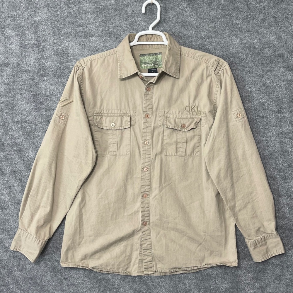 VTG Oakley Long Sleeve Shirt Mens L Button Up Casual Military Style Beige Safari
